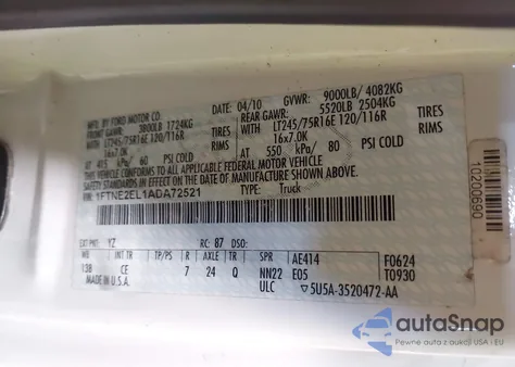 2010 Ford E-250 Commercial/Recreational z USA, uszkodzony, nr VIN 1FTNE2EL1ADA72521